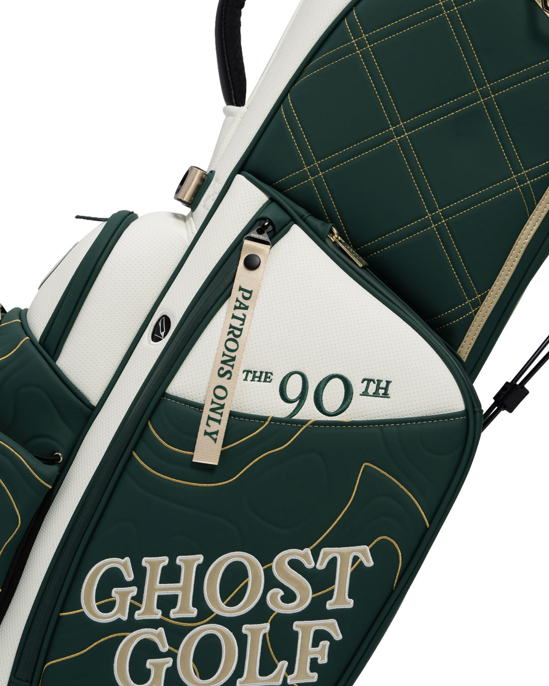 Closeup View of Patrons Only Anday Bag with white and green accents and detail topographic pattern with ghost golf branding #color_green