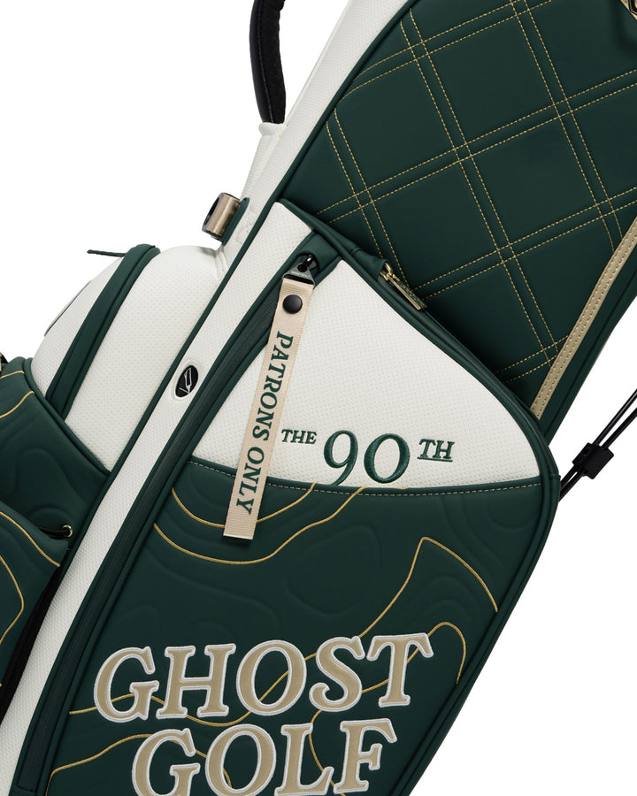 Closeup View of Patrons Only Anday Bag with white and green accents and detail topographic pattern with ghost golf branding #color_green