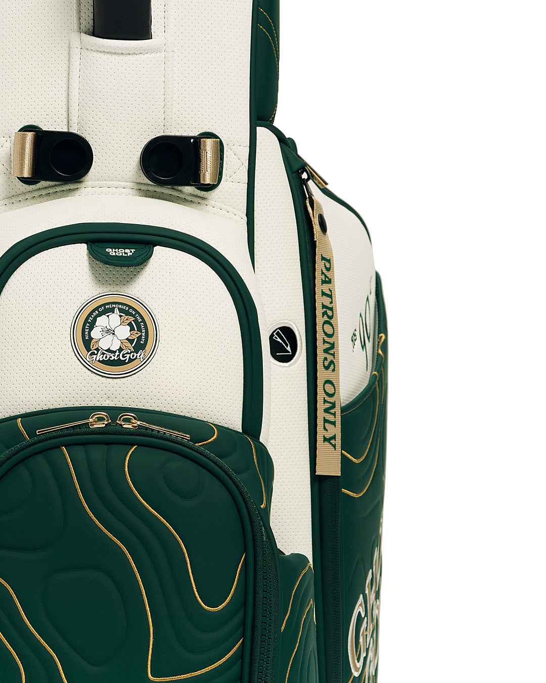 Closeup View of Patrons Only Anday Bag with white and green accents and detail topographic pattern with ghost golf branding #color_green