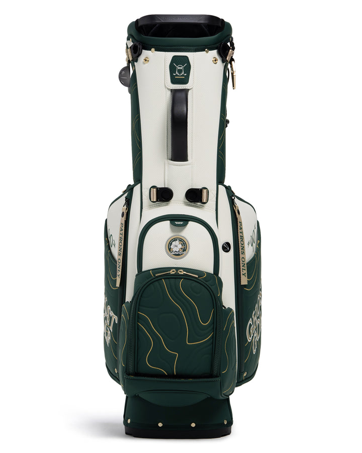 Front View of Patrons Only Anday Bag with white and green accents and detail topographic pattern with ghost golf branding #color_green