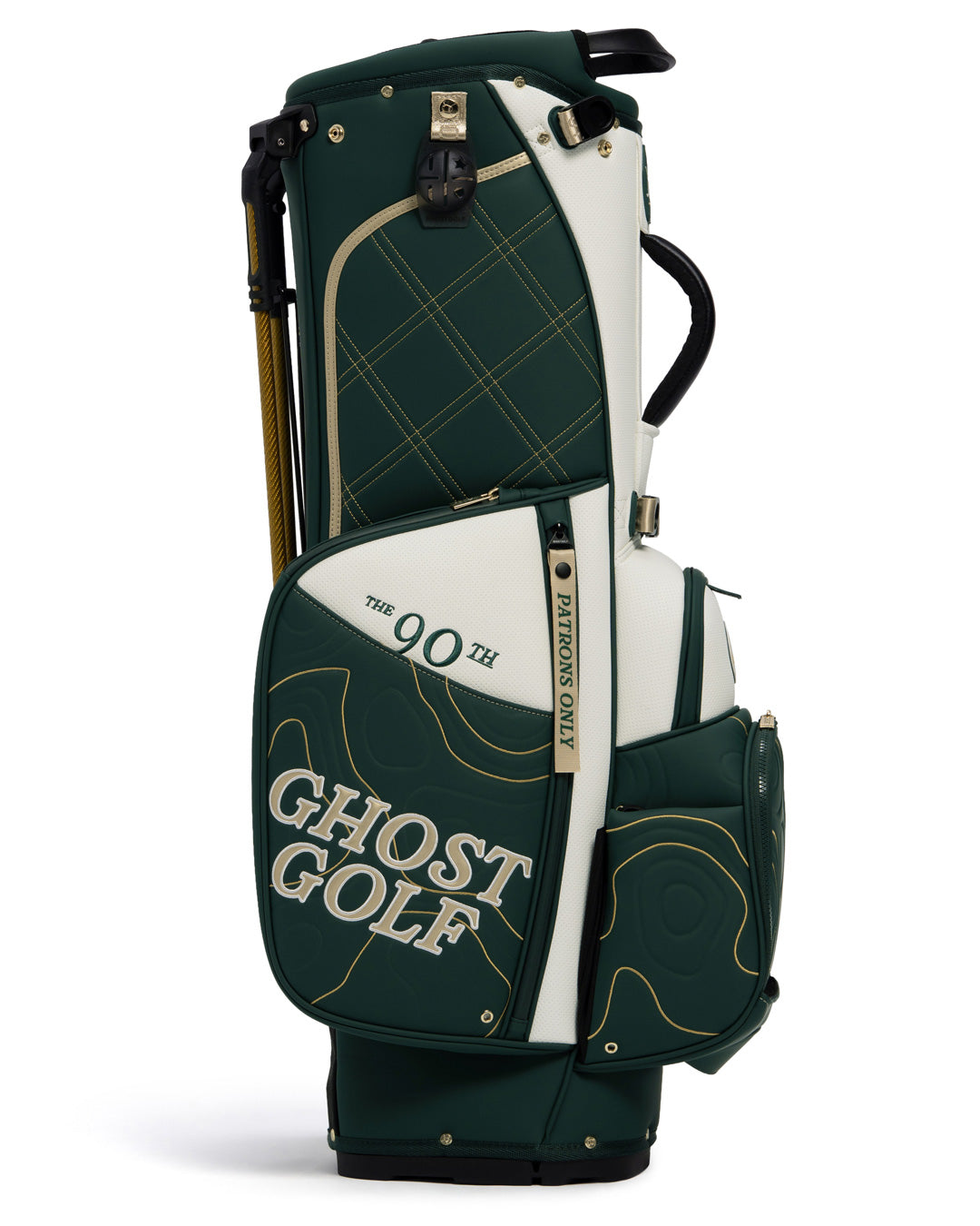 Left View of Patrons Only Anday Bag with white and green accents and detail topographic pattern with ghost golf branding #color_green