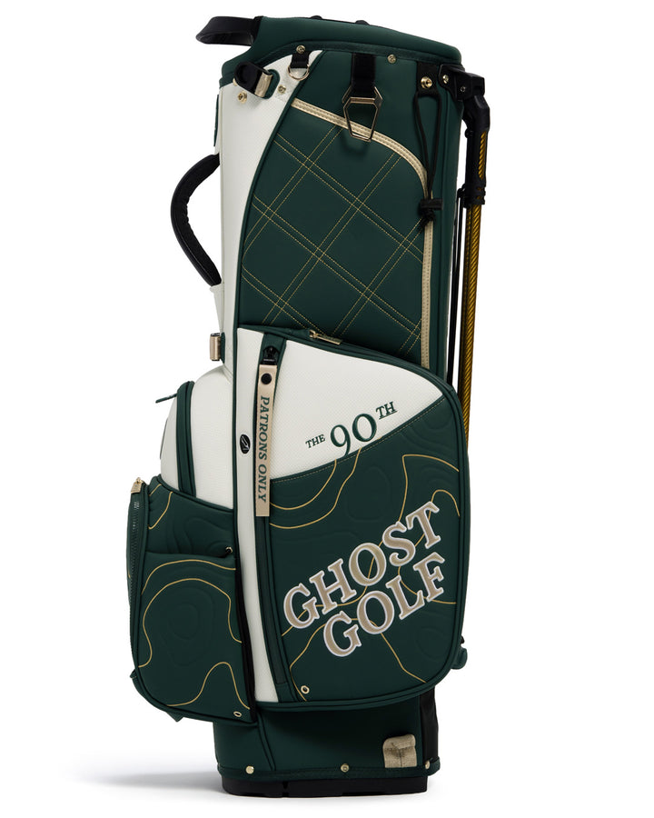 Right View of Patrons Only Anday Bag with white and green accents and detail topographic pattern with ghost golf branding #color_green