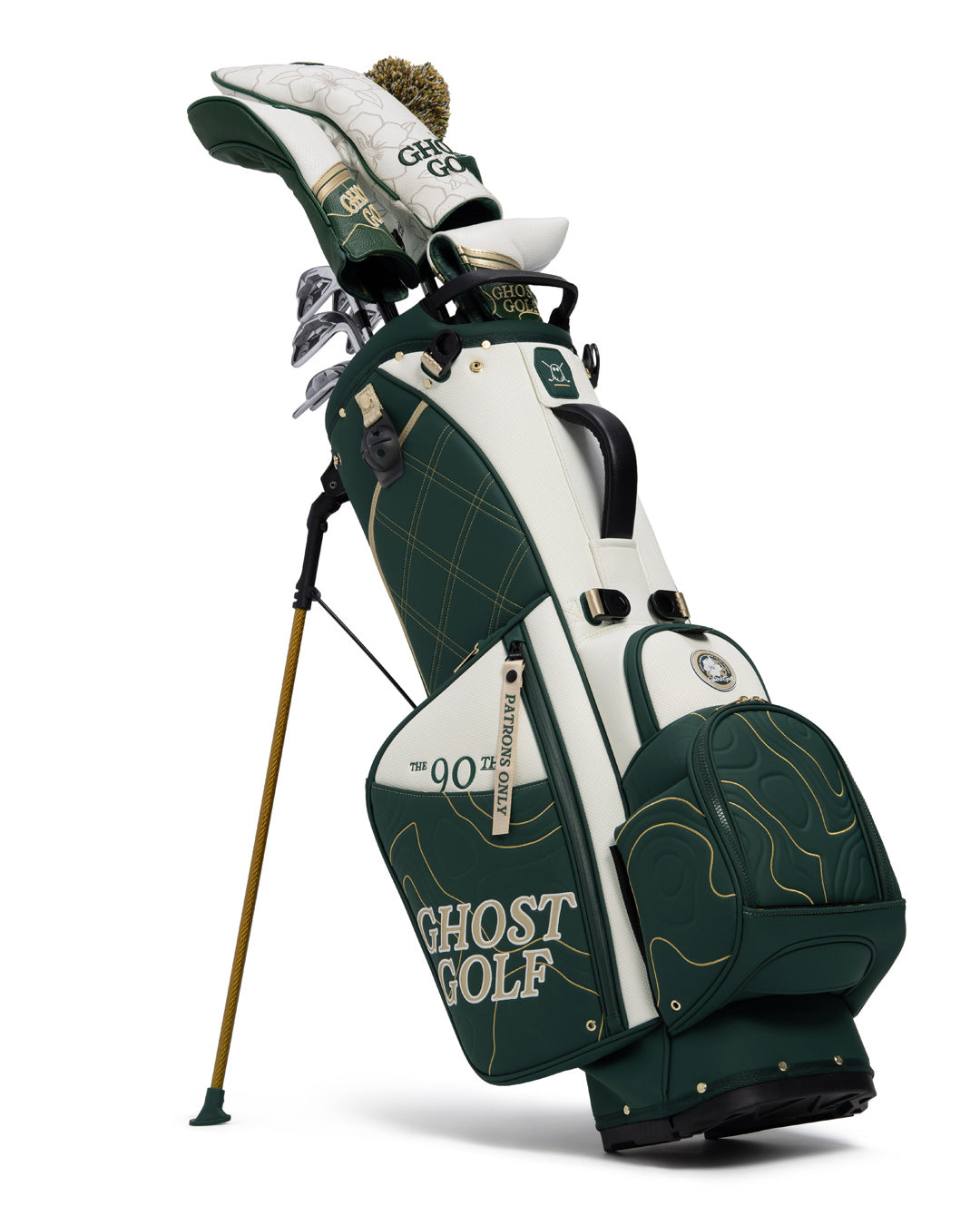 Stand View of Patrons Only Anday Bag with white and green accents and detail topographic pattern with ghost golf branding and head covers #color_green