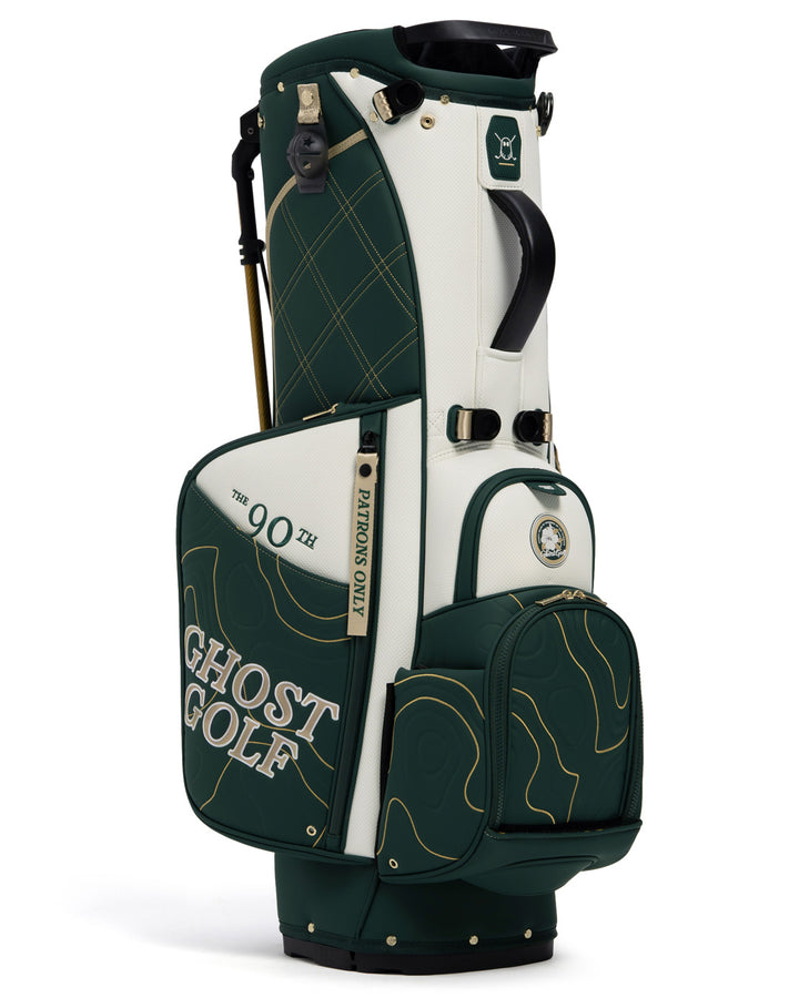 Three Quarter Left View of Patrons Only Anday Bag with white and green accents and detail topographic pattern with ghost golf branding #color_green