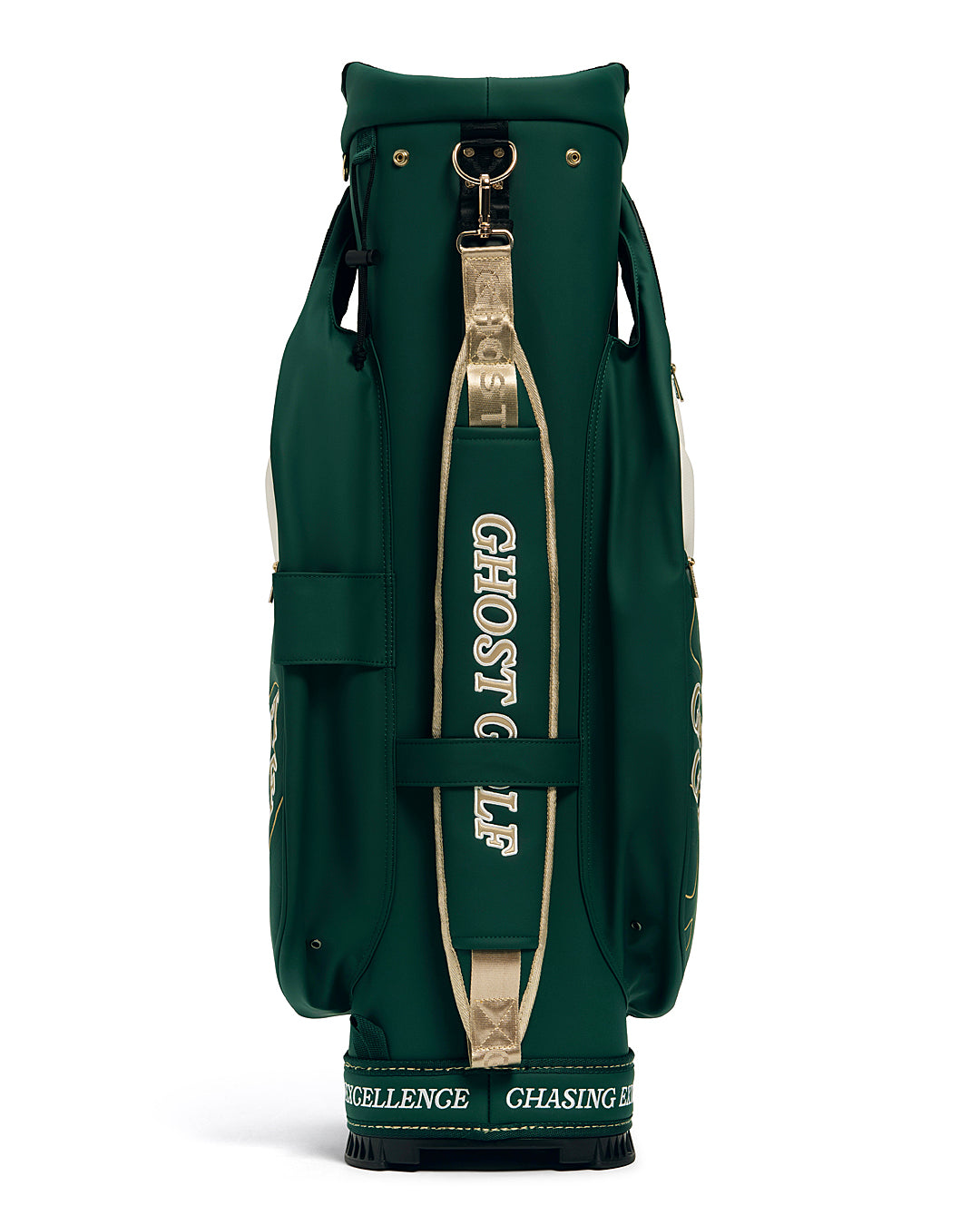 Back View of Patrons Only GT-14 Cart Bag with ghost golf shoulder strap on gold and green #color_green