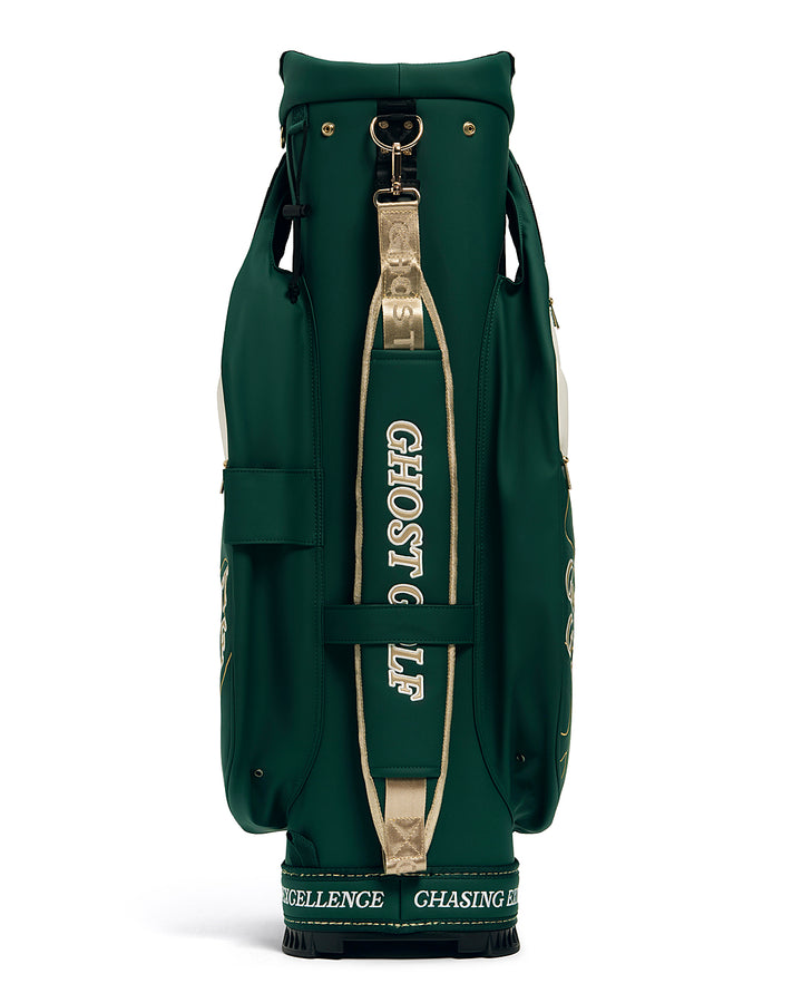 Back View of Patrons Only GT-14 Cart Bag with ghost golf shoulder strap on gold and green #color_green