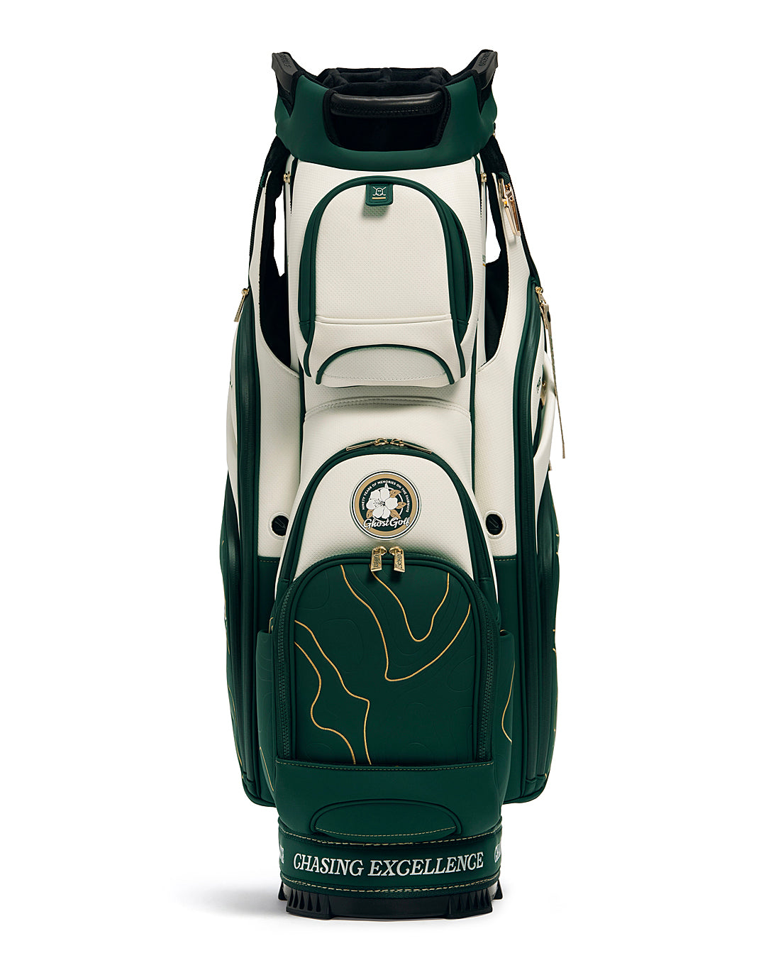 Front View of Patrons Only GT-14 Cart Bag with white and green accents and detail topographic pattern with ghost golf branding #color_green