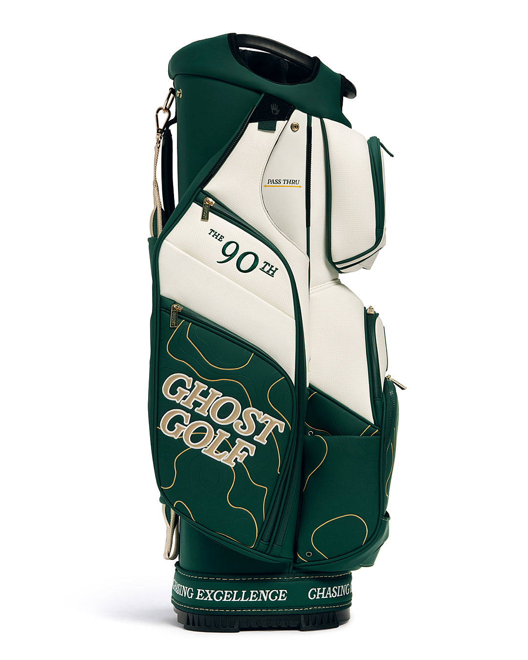 Left View of Patrons Only GT-14 Cart Bag with white and green accents and detail topographic pattern with ghost golf branding #color_green