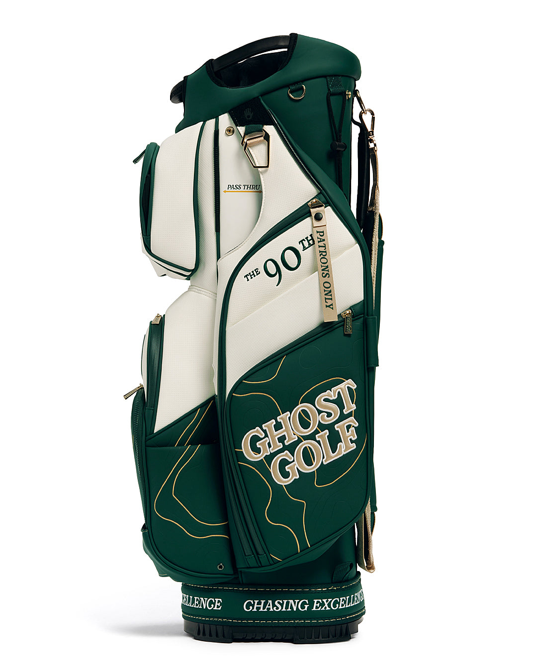 Right View of Patrons Only GT-14 Cart Bag with white and green accents and detail topographic pattern with ghost golf branding #color_green
