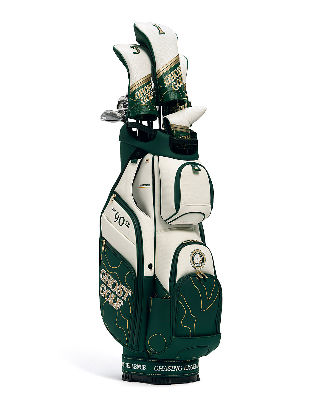 Three Quarters Left View of Patrons Only GT-14 Cart Bag with white and green accents and detail topographic pattern with ghost golf branding and head covers#color_green