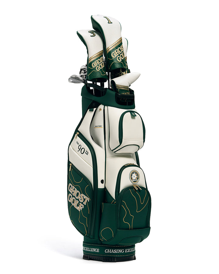 Three Quarters Left View of Patrons Only GT-14 Cart Bag with white and green accents and detail topographic pattern with ghost golf branding and head covers#color_green