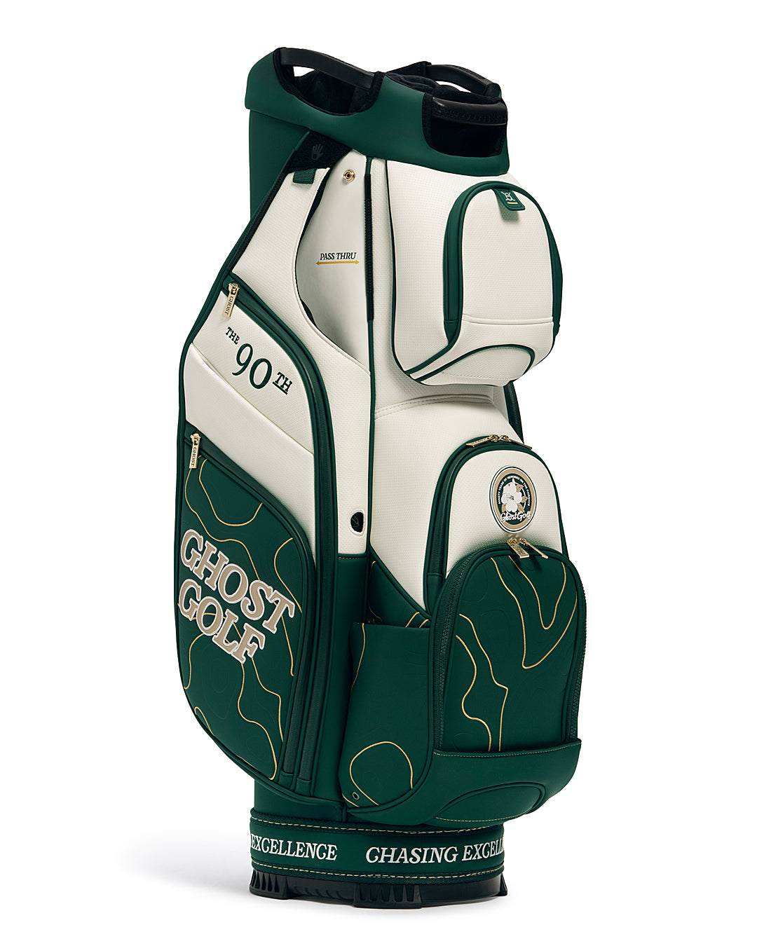 Three Quarters Left View of Patrons Only GT-14 Cart Bag with white and green accents and detail topographic pattern with ghost golf branding #color_green