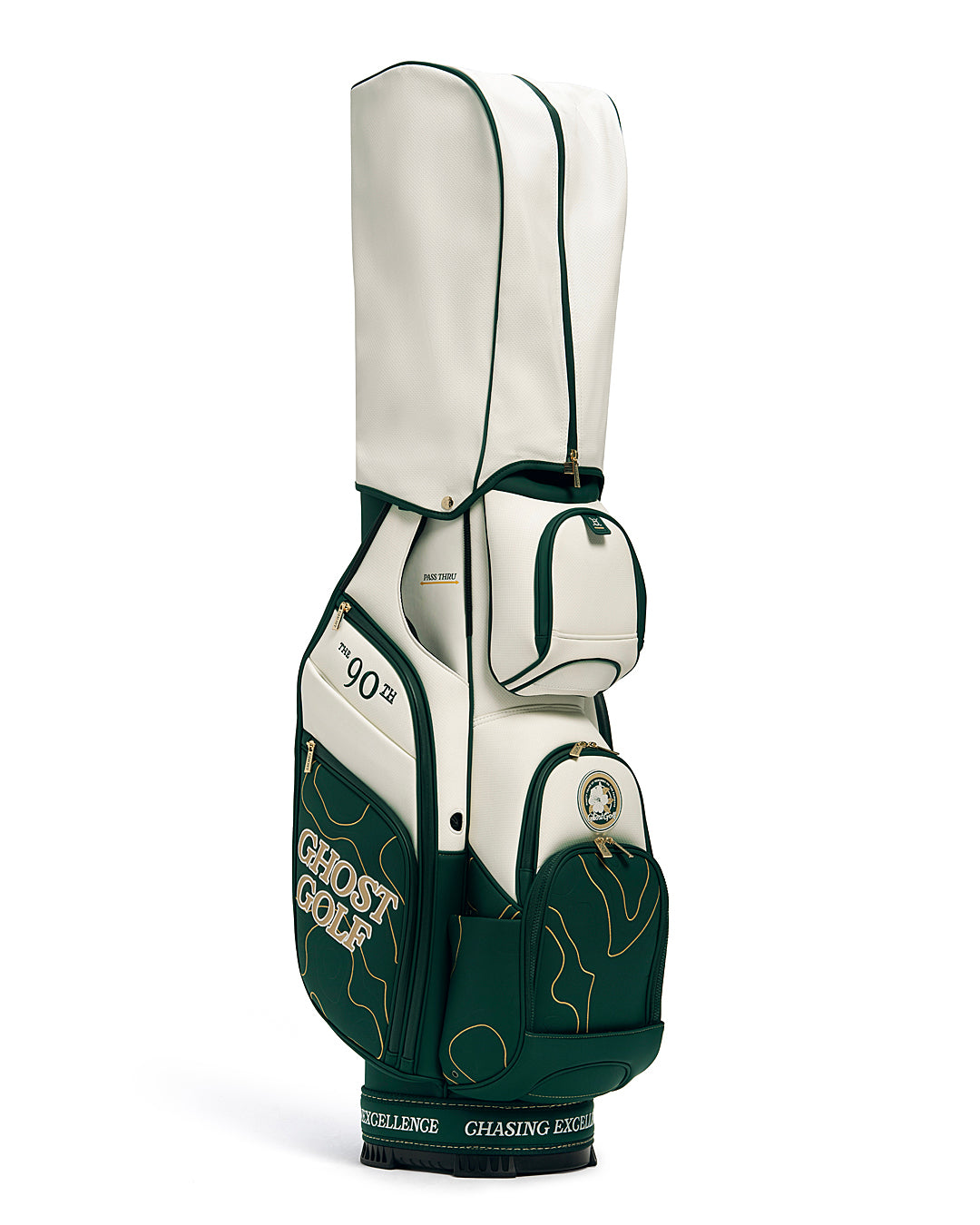 Three Quarters Left Rain Hood View of Patrons Only GT-14 Cart Bag with white and green accents and detail topographic pattern with ghost golf branding and rain hood #color_green