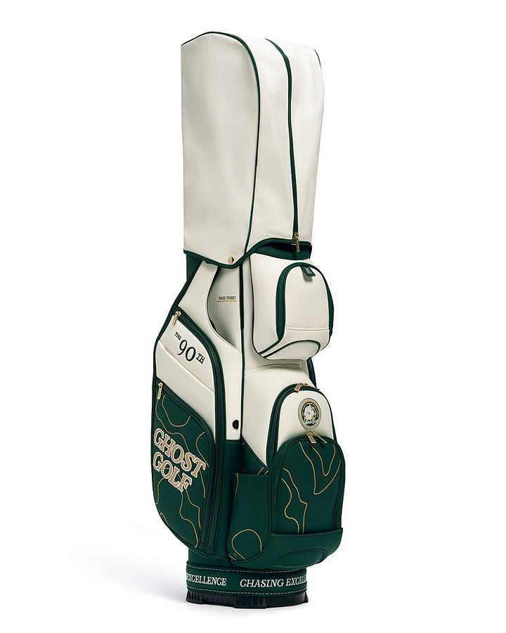 Three Quarters Left Rain Hood View of Patrons Only GT-14 Cart Bag with white and green accents and detail topographic pattern with ghost golf branding and rain hood #color_green
