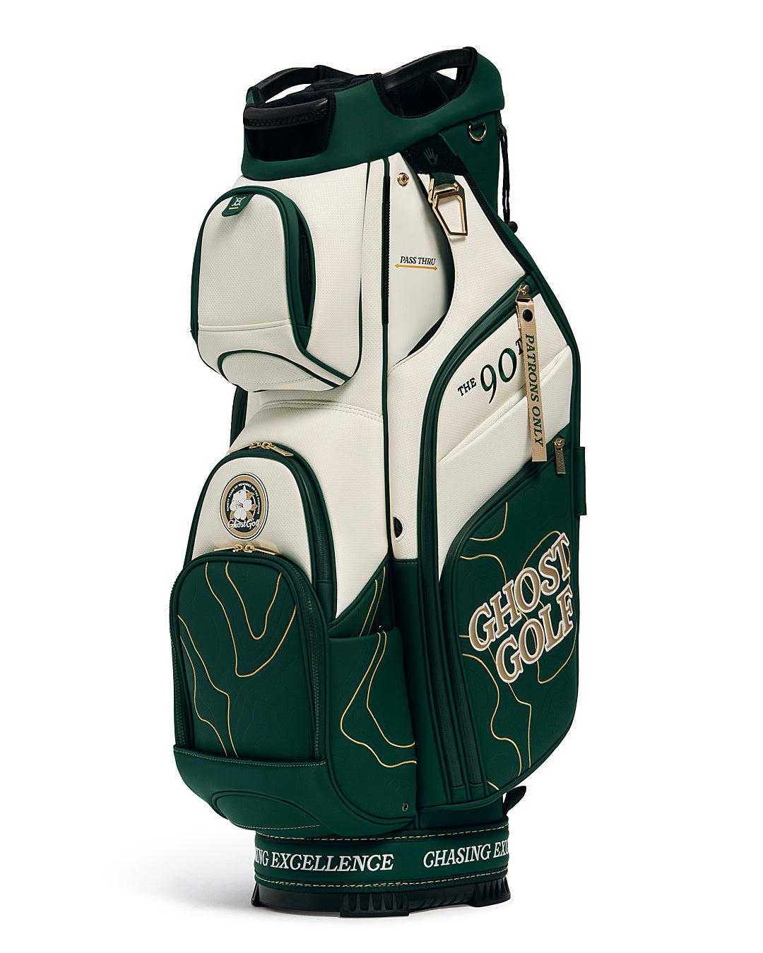 Three Quarters Right View of Patrons Only GT-14 Cart Bag with white and green accents and detail topographic pattern with ghost golf branding #color_green