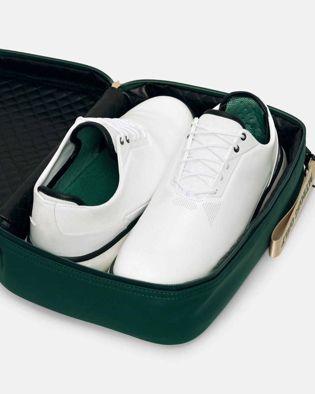 Inside View of Patrons Only Shoe Bag with golf shoes inside #color_green