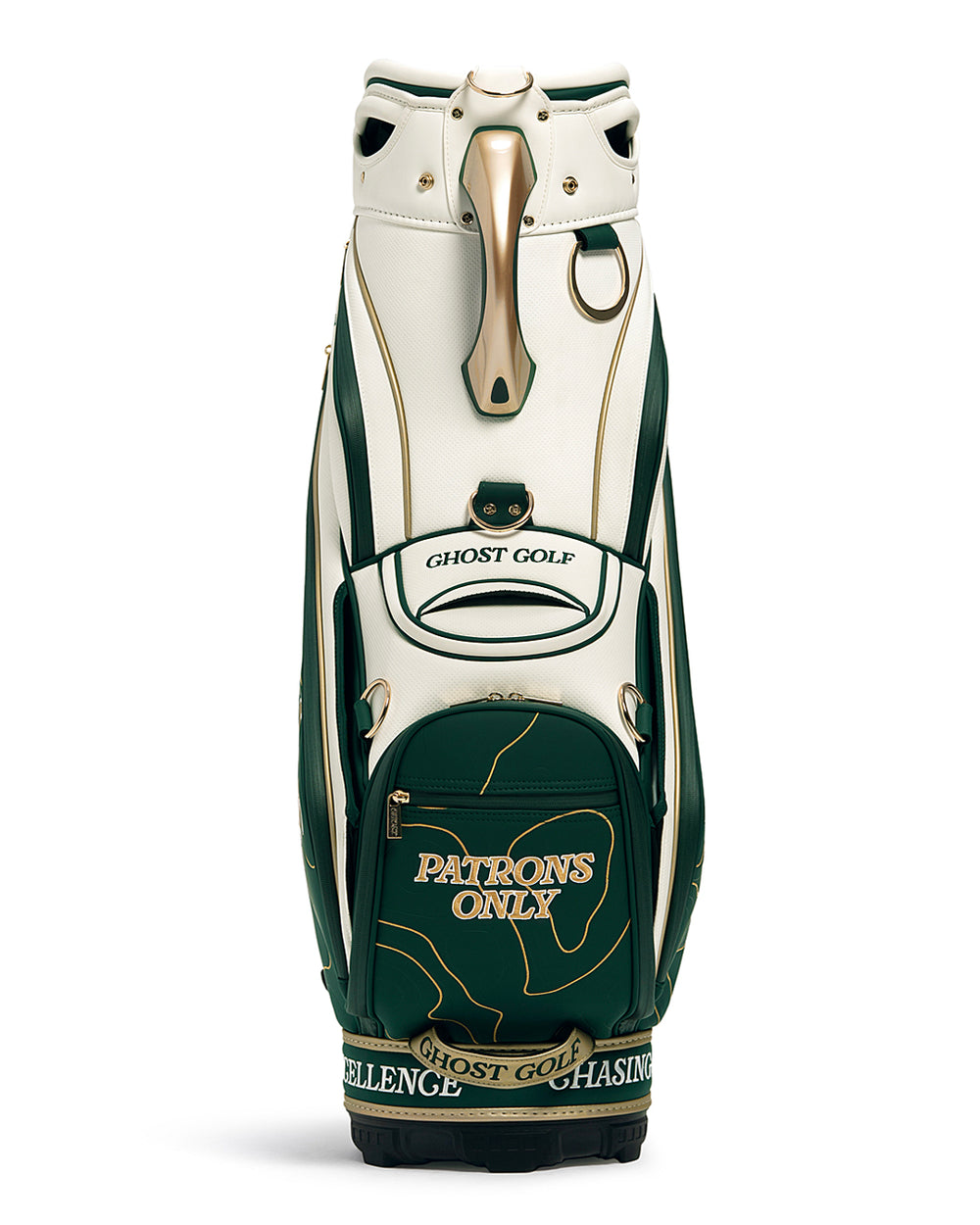 Front View of Patrons Only Staff Bag with white and green accents and detail topographic pattern with ghost golf branding #color_green
