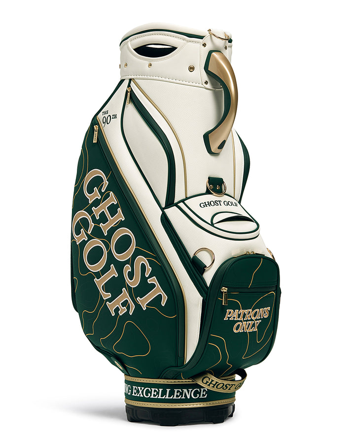 Three Quarter Left View of Patrons Only Staff Bag with white and green accents and detail topographic pattern with ghost golf branding #color_green 