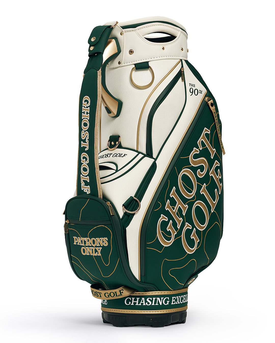 Three Quarters Right View of Patrons Only Staff Bag with shoulder strap in the front #color_green