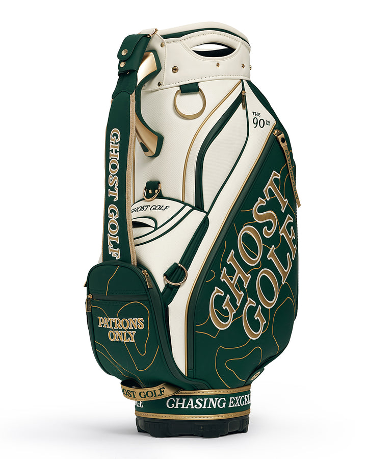 Three Quarters Right View of Patrons Only Staff Bag with shoulder strap in the front #color_green