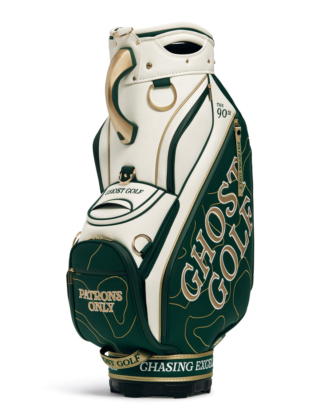Three Quarter Right View of Patrons Only Staff Bag with white and green accents and detail topographic pattern with ghost golf branding #color_green