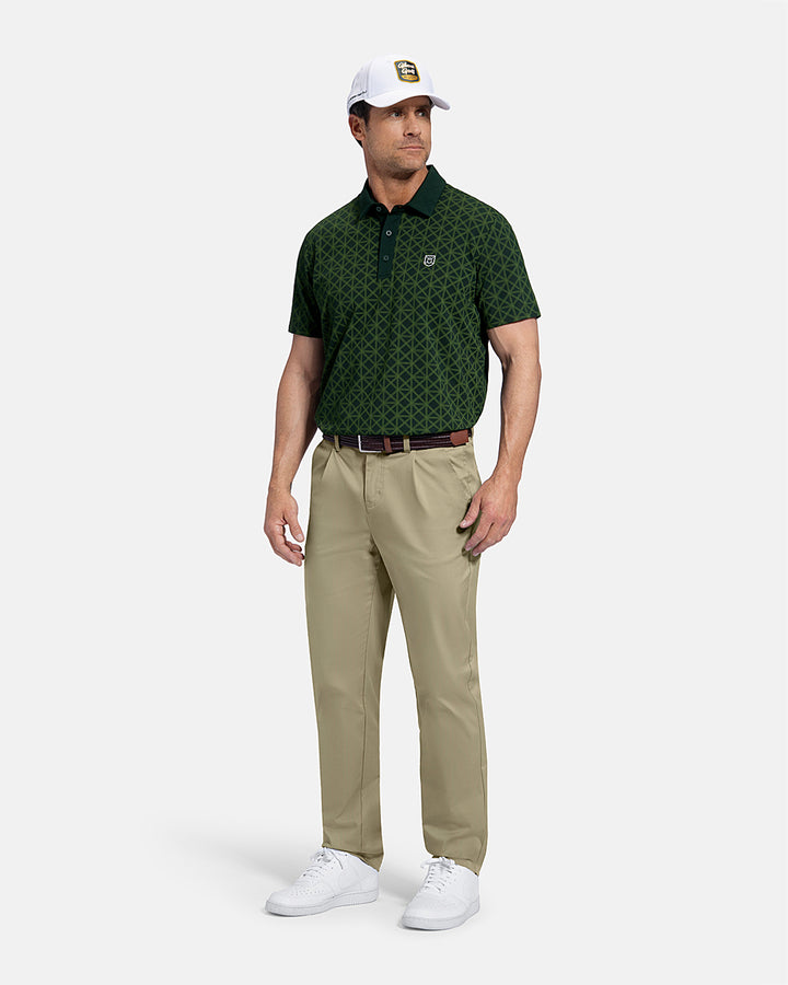 Full Body Front View of Sand Patrons Pleated Pant on white male model wearing green polo brown belt  and white shoes and hat with polo tucked in pants #color_sand