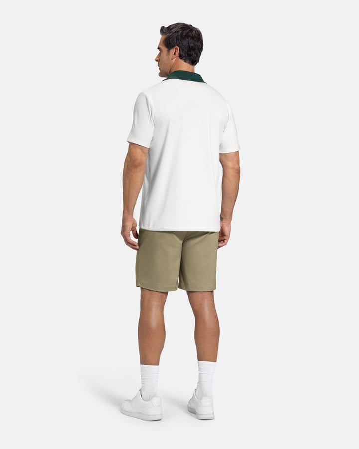 Full Body Back View of White Patrons Signature Polo on white male model wearing beige shorts and white shoes #color_white
