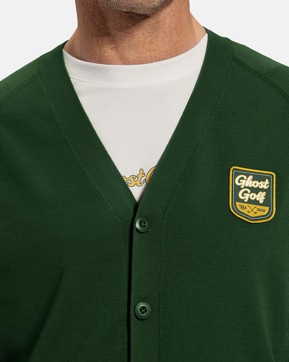 Closeup Front View of Bogey Green Patrons Sweater Cardigan on white male model showing ghost golf graphic hit #color_bogey-green