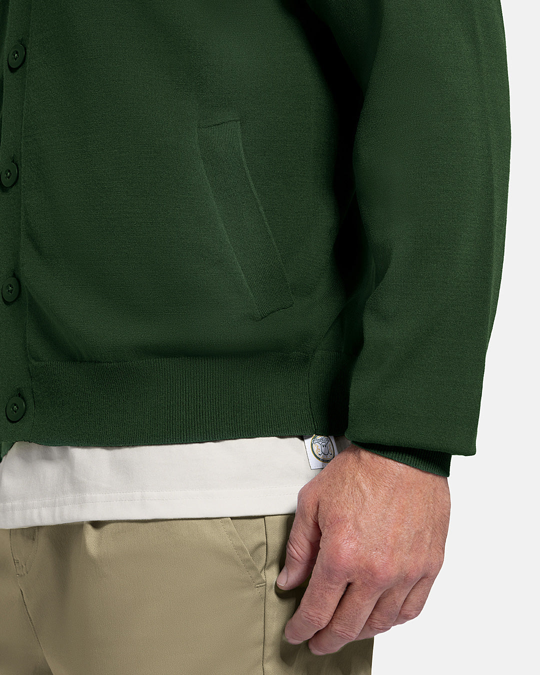 Closeup Side View of Bogey Green Patrons Sweater Cardigan on white male model #color_bogey-green
