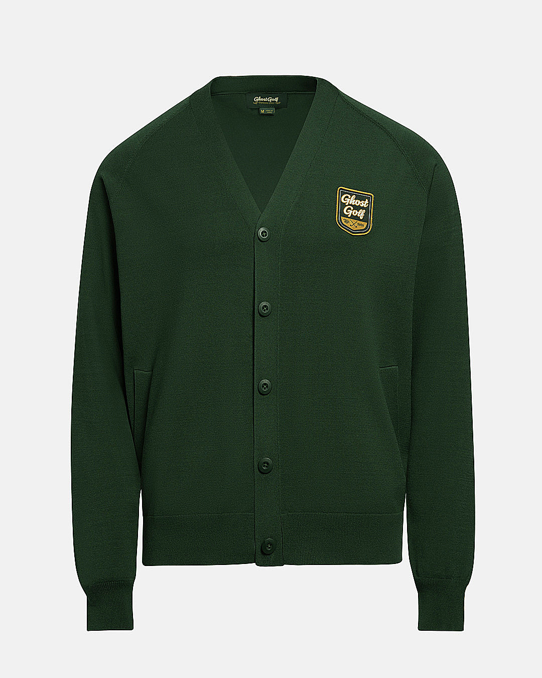Front View Product Photo of Bogey Green Patrons Sweater Cardigan with Logo Patch #color_bogey-green