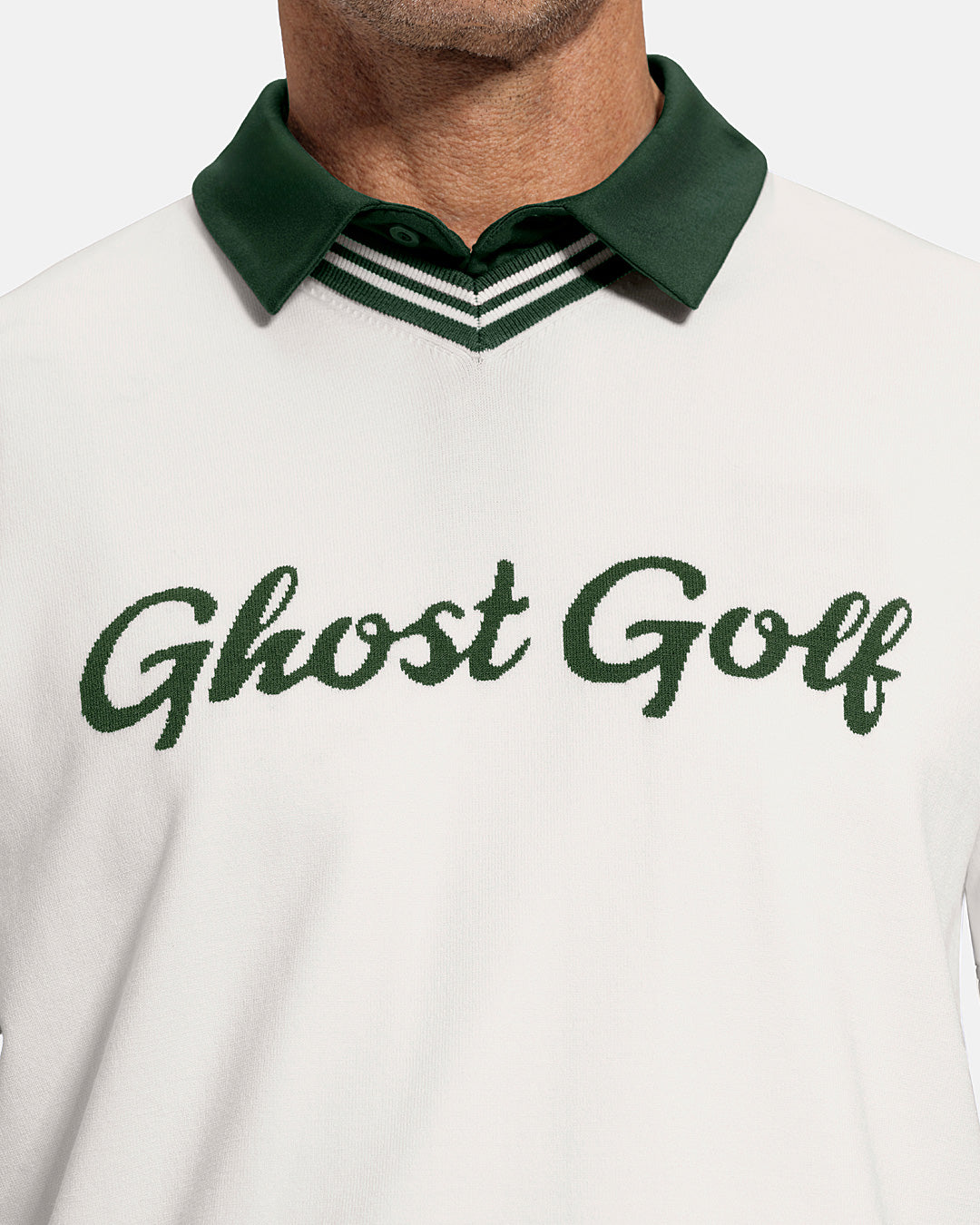 Closeup Front View of White Patrons Sweater Vest on white male model showing ghost golf graphic hit #color_white