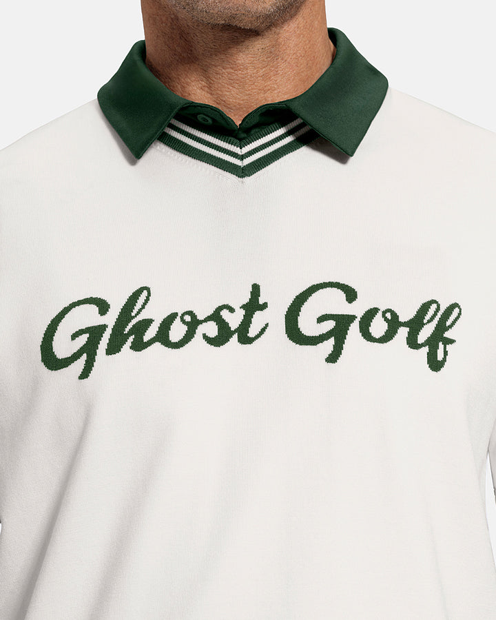Closeup Front View of White Patrons Sweater Vest on white male model showing ghost golf graphic hit #color_white