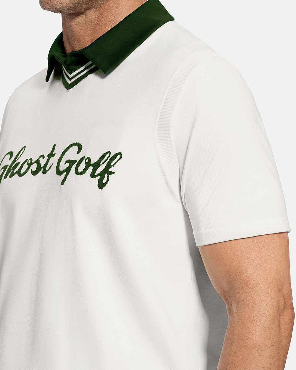 Closeup Side View of White Patrons Sweater Vest on white male model showing ghost golf graphic hit #color_white