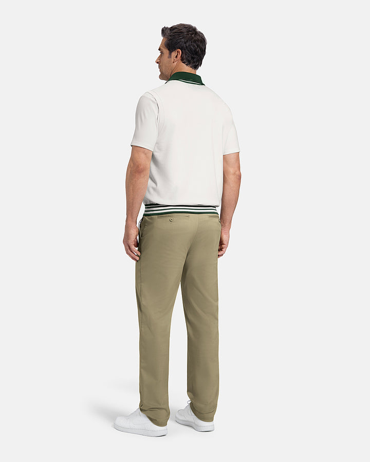 Full Body Back View of White Patrons Sweater Vest on white male model wearing beige pants and white shoes #color_white