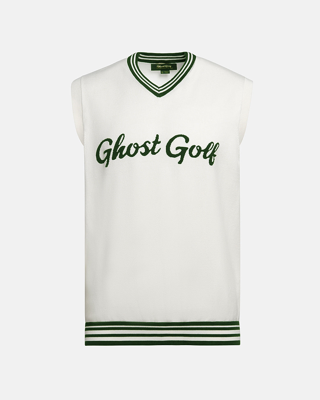 Front View Product Photo of White Patrons Sweater Vest with ghost logo in the center #color_white