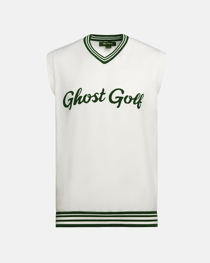 Front View Product Photo of White Patrons Sweater Vest with ghost logo in the center #color_white