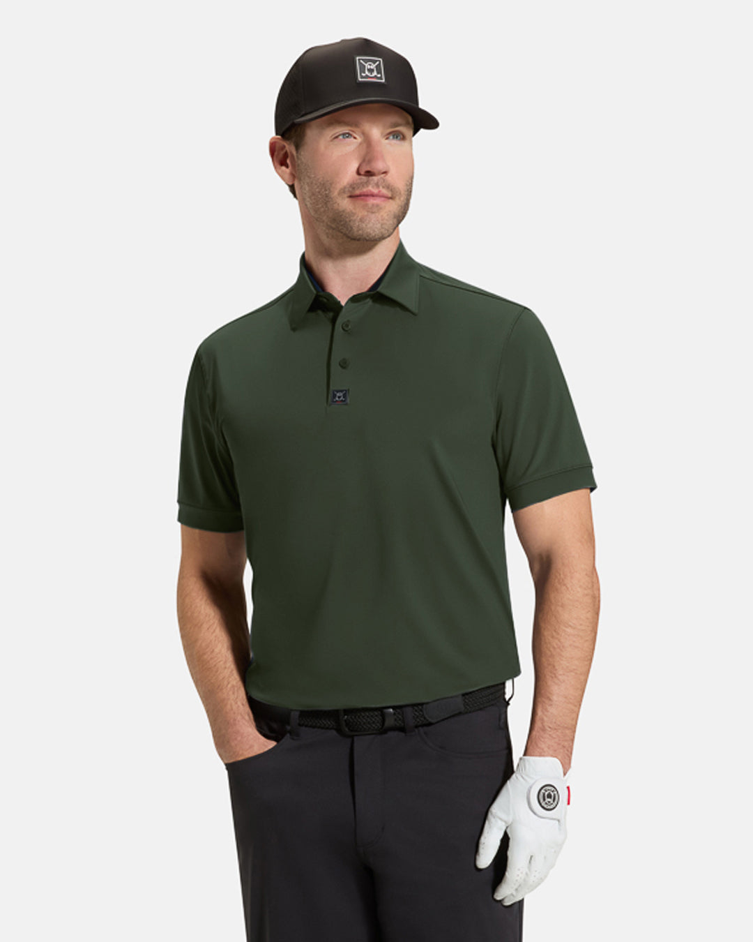 Performance Polo_Front_Olive_Male Model_#color_olive