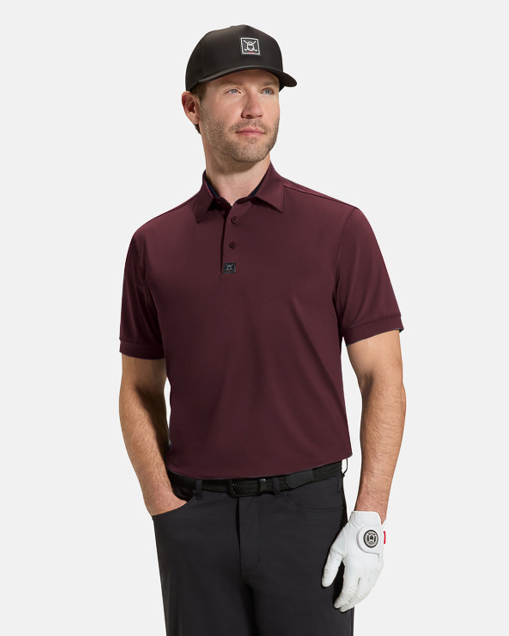 Performance Polo_Top Front_Burgundy_Male Model #color_burgundy