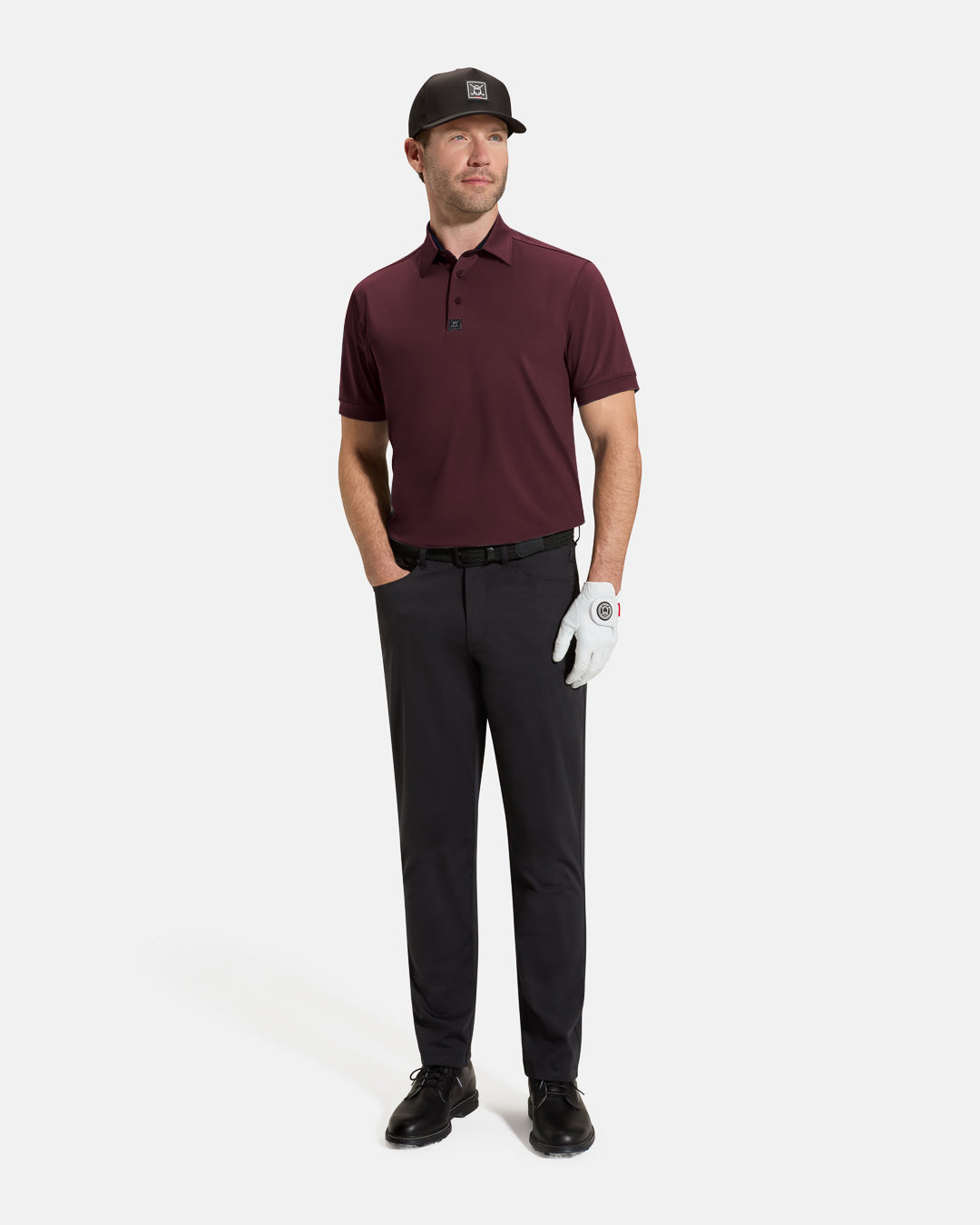 Performance Polo_ Full Body_Front_Burgundy_Male Model #color_burgundy