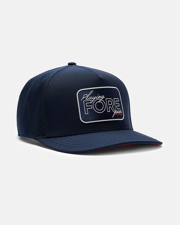 Side View Product Photo of Dark Navy Playing Fore Par Hat with Playing Fore Par Emblem in Center #color_dark-navy