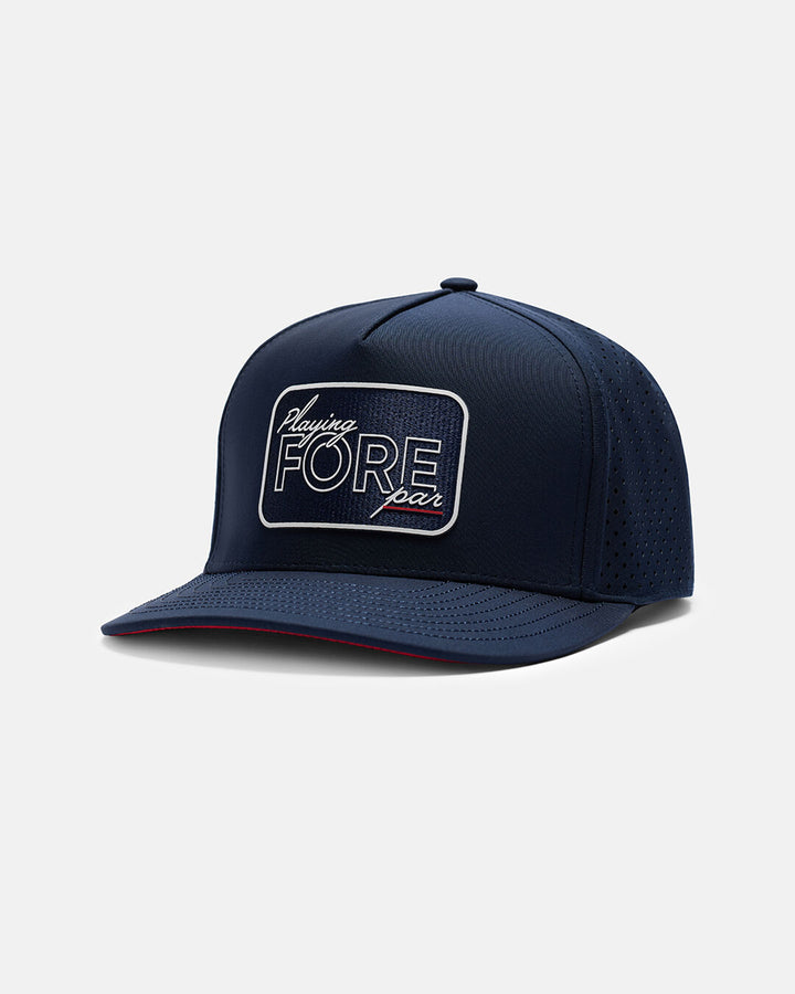 Side View Product Photo of Dark Navy Playing Fore Par Hat with Playing Fore Par Emblem in Center #color_dark-navy