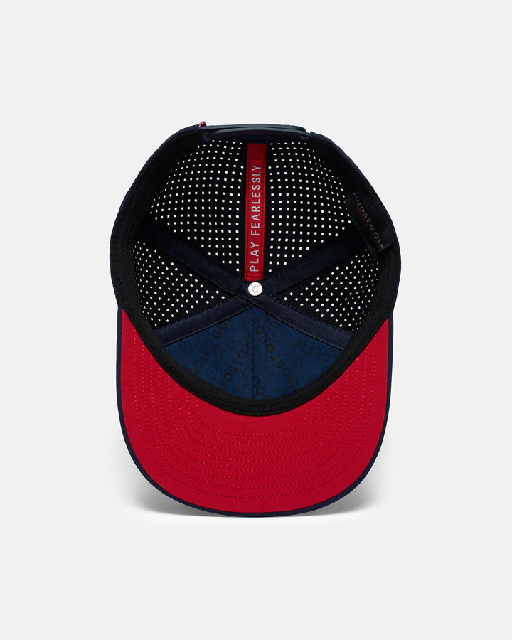 Bottom View Product Photo of Dark Navy Playing Fore Par with Play Fearlessly and Ghost Golf Embroidered inside #color_dark-navy