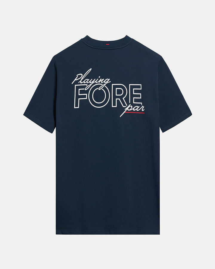 Back Product Shot of Navy Qualifier Playing Fore Par Tee with Playing Fore Par Tee Graphic in the Back #color_dark-navy