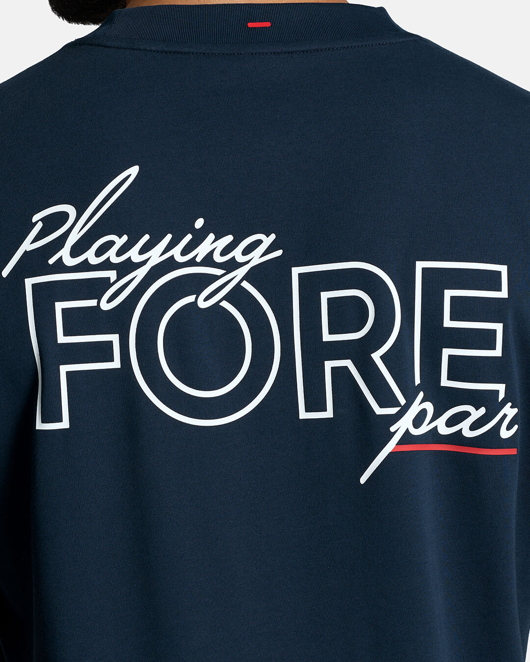 Closeup Shot of Dark Navy Qualifier Fore Par Tee show casing typography artwork on back of tee #color_dark-navy