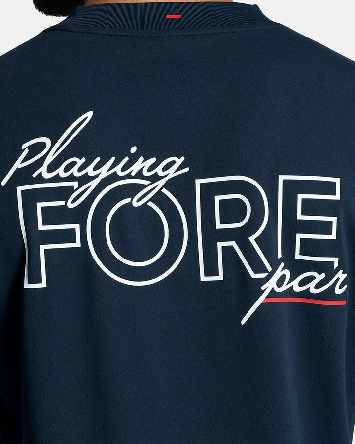 Closeup Shot of Dark Navy Qualifier Fore Par Tee show casing typography artwork on back of tee #color_dark-navy
