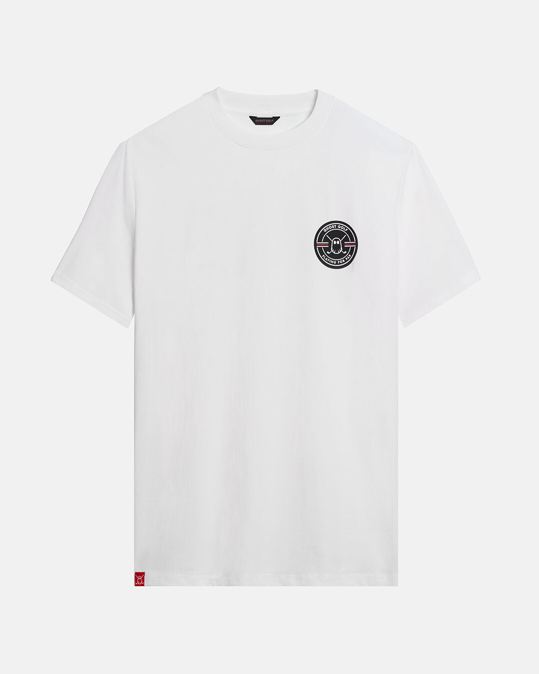 Front Product Shot of White Qualifier Playing Fore Par Tee with Ghost Icon Emblem in Left Chest #color_white