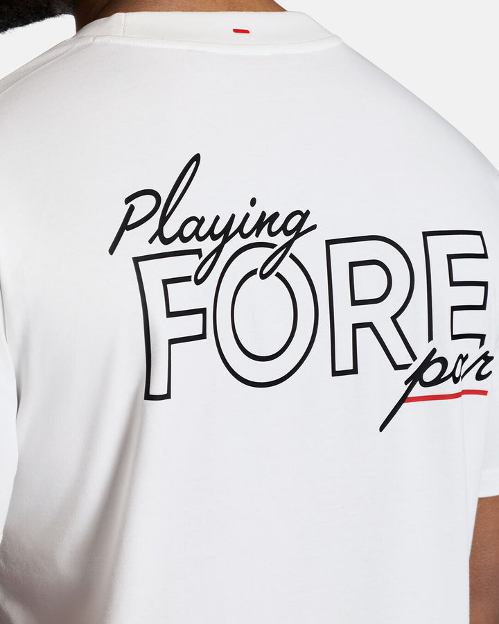 Closeup Shot of White Qualifier Fore Par Tee show casing typography artwork on back of tee #color_white
