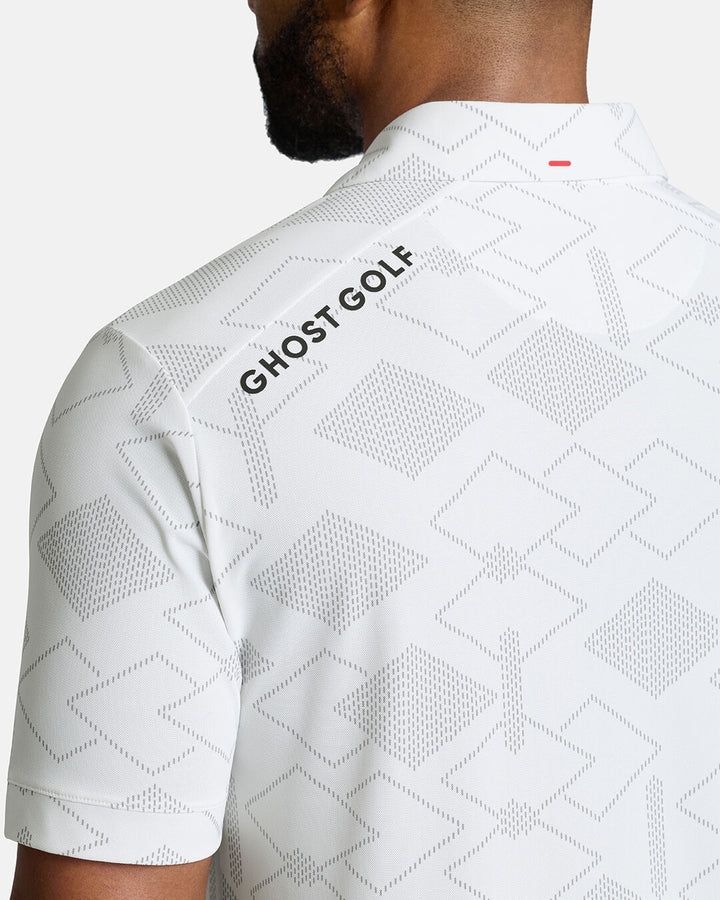 Closeup Back Shoulder Shot of White Qualifier Argyle Polo back of the polo showcasing ghost golf hit on left back shoulder #color_white