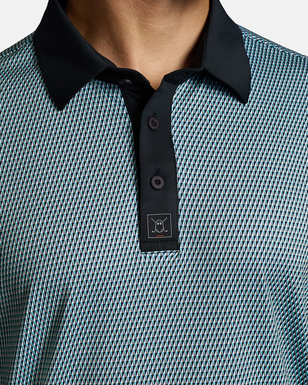 Closeup Front Shot of Blue Qualifier Diamond Polo showcasing buttons of polo and ghost golf icon #color_blue