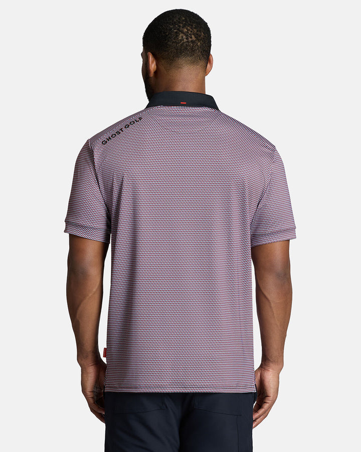 Top Back Body Shot of Black Male Model Wearing Red Qualifier Diamond Polo with navy pants. Ghost Golf Hit on back left shoulder #color_red